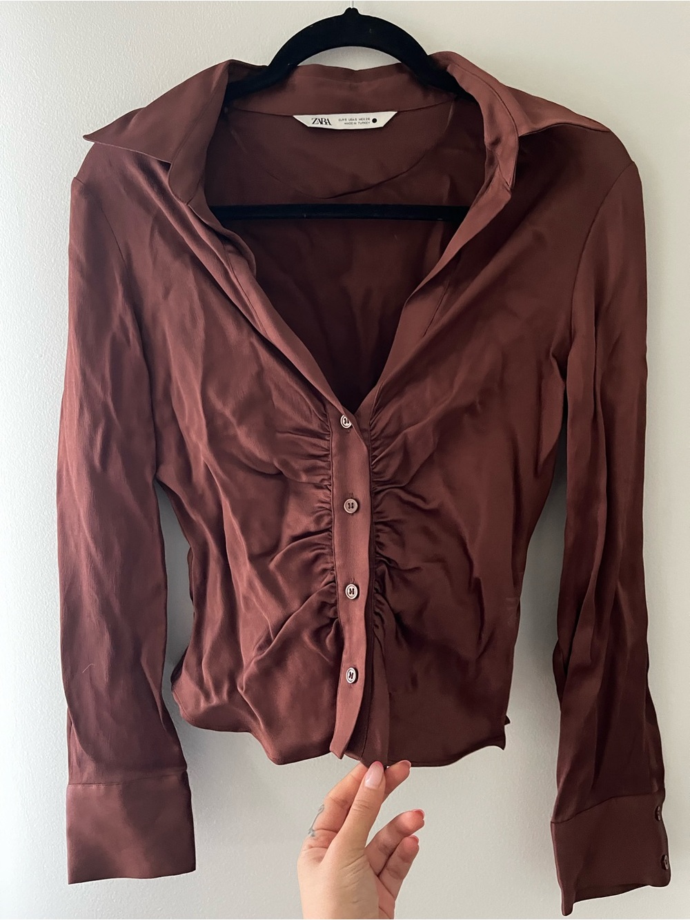 ZARA Y2KBrown Ruched Button-Front Satin Blouse